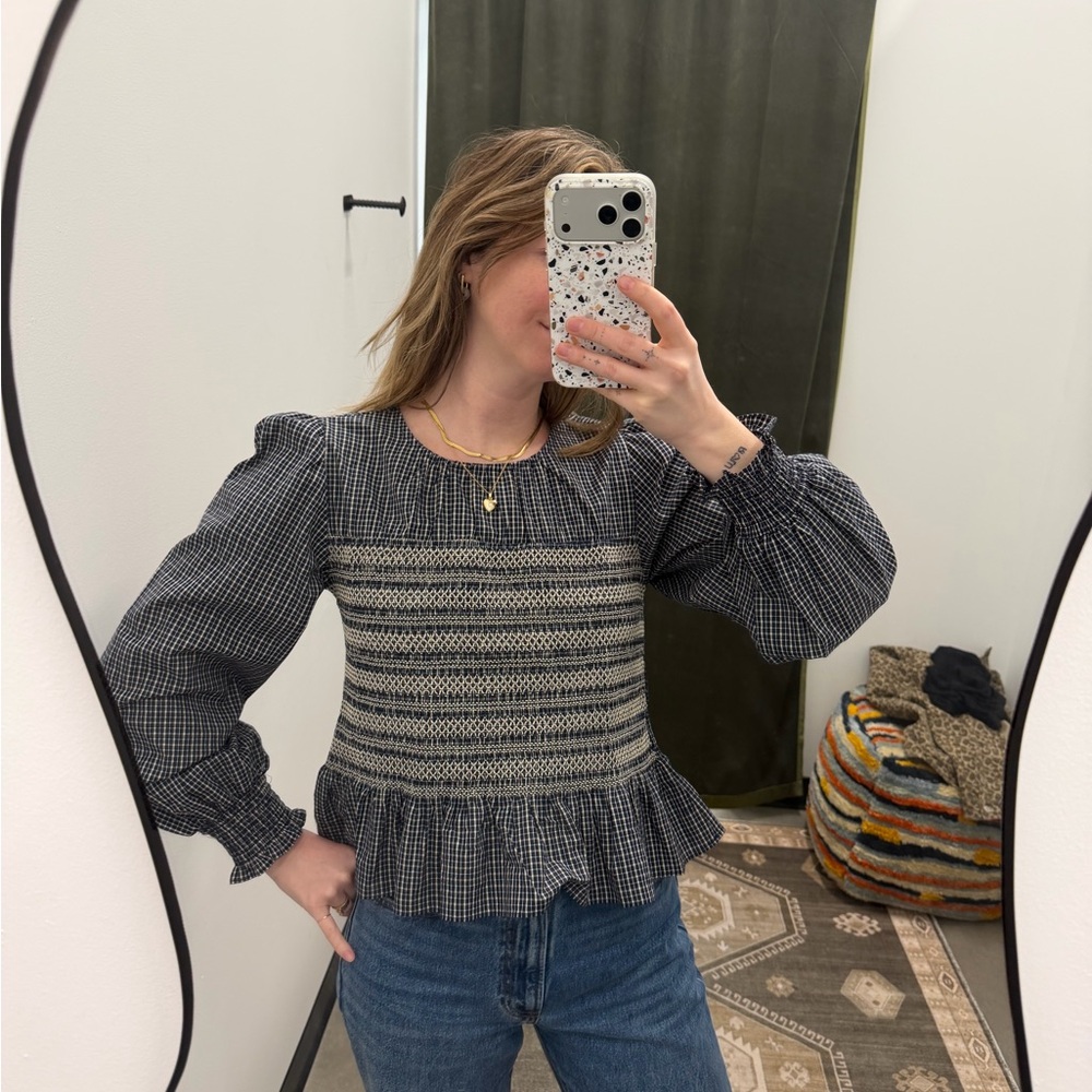 Women's Navy and Cream Smocked Top